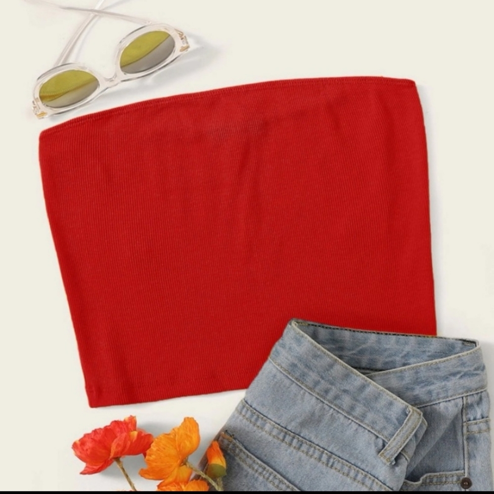 Red Ribbed Cropped Tube Top, Size Small